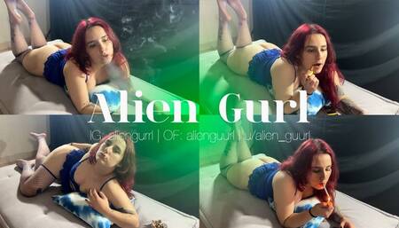 Enjoying a Marlboro 100 wearing blue lingerie | Alien Girl