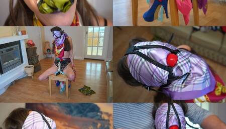 Scarf bound & scarf gag with ball gag harness and pvc tape, claires orgasm struggle (mp4)