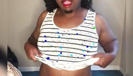 Masked Chubby Crossdresser Playing With Boobs and Twerking