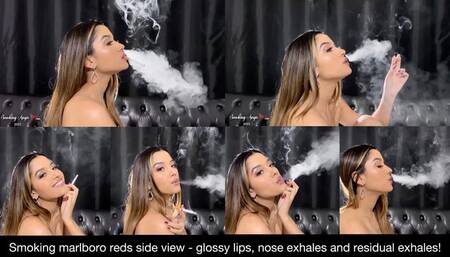 Side view smoking marlboro reds! Bare shoulders, glossy lips, nose exhales, residual exhales