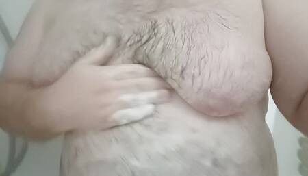 Slow motion fat bear rubbing moobs im shower