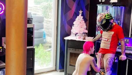 Delivery guy cums in my pussy while my husband watches