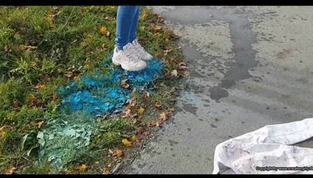 she runs with her dirty Flia over a dirty Jacket