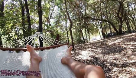 Naked in the Park in the Hammock He Touches My Cock Until I Cum with People Passing Around - Misscreamy