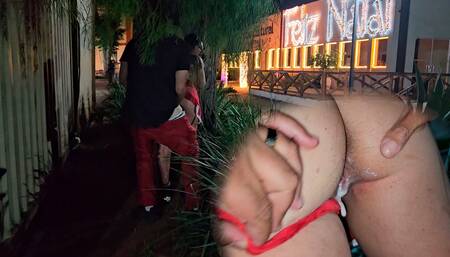 Fucking in the Square Without a Condom and Receiving a Creampie in Front of the Cuckold Husband - Christmas Special