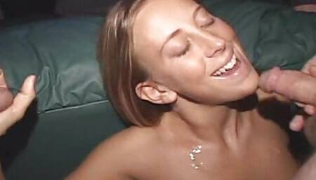 Fake Tit Lispy Bitch Blondie Sucks EVERYBODYS DICK in Porno Theater Sperm Party!