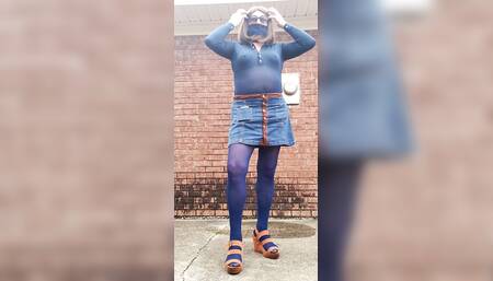Crossdress outdoors, feeling myself all over in nylon pantyhose and  miniskirt.