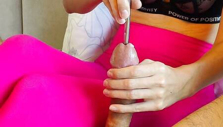 Urethral handjob with dilator, urethral plug, anal beads and her fingers