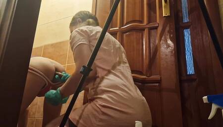 Anastasia Mistress punishes Sasha Earth slave with a long black dildo in the ass in the toilet