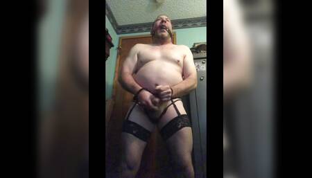 Brandon Hegsted cumming wearing thigh highs, panties and handcuffs