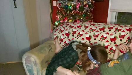 Babyybut gets a tricked into a surprise Christmas present from her step bro blindfolded.