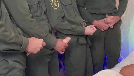 Police group enters Laura Jones' house and ends up deepthroating GANG BANG cocks.