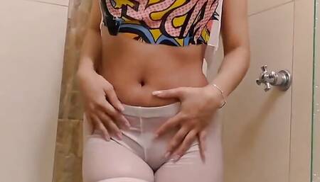 Sexy Girlfriend Wearing see through Pants in the shower