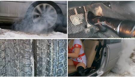 HOT UPSKIRT PREMIERE: Sexy nurse makes extremely hard burnouts and totally crushes new tires