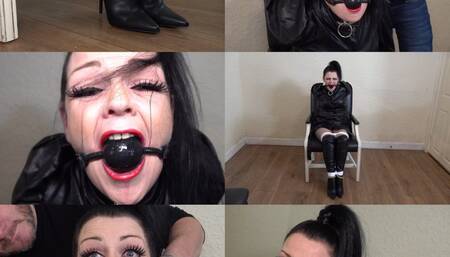 Evil emma leather bound mistress, ball gagged and otm gag (wmv)