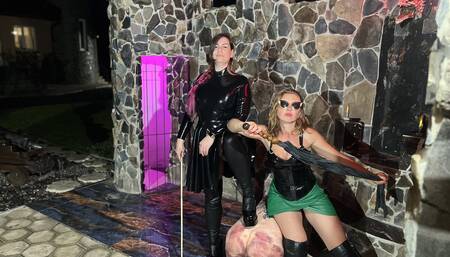 Blonde and brunette Dominatrix severe brutal thighs caning