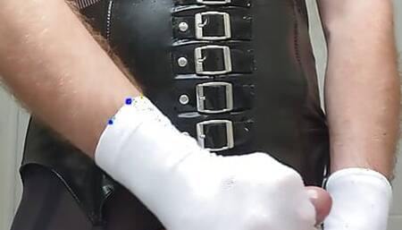 Unloading days worth of cum into oiled up cotton sock