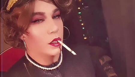 Mrs Dangle dressed in PVC, dangling a corked 120