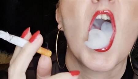 Intense Chainsmoke from 2 Marlboro Red 100s with short barking cough sequences and more