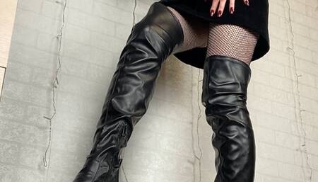 Hard face, neck and chest trampling in My sexy over the knee boots
