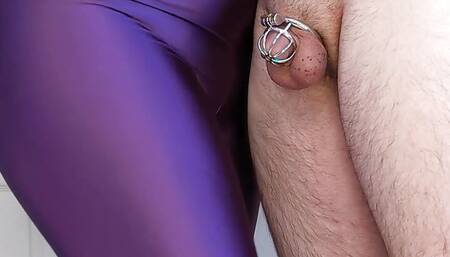 Femdom Hot Wfie Gets Leggings Wet Locking and Teasing Cuck!