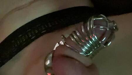 Trans porn, seductive cdStefanie in stockings teasing riding dildo,sissy cock in chastity firstime,cum hands free, cock sounding