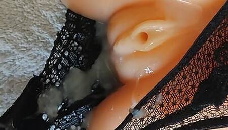 Cumshot on black thong with pussy and anal