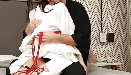 Asian Teen in White Kimono Fucked by Older White Guy