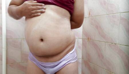 Masturbating in the bathroom with employer's panties and bra. Squirting semen on his tense dick, shaking it with soap