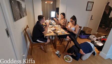 MOBILE - Goddess Kiffa - Cuckold REAL life EP 6 - Cuck serves dinner to alpha couple and Vitoria and serves as footstool - CUCKOLD - FOOT WORSHIP - HUMILIATION - FOOT SLAVE - ALPHA HUMILIATION - SOLES - FOOT MASSAGE - FOOTSTOOL - FOOD FEEDING - BACKSTAGE