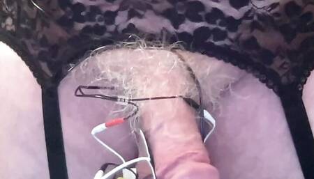 Sissy cums hard hands free with estim and stockings