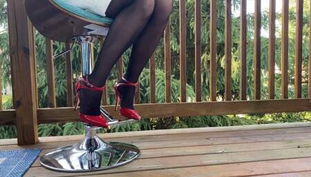 Showing off my sexy outfit in red high heel pumps before a date