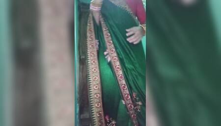 Indian Gay Crossdresser Gaurisissy in Green Saree Pressing Her Big Boobs and Fingering in Her Ass