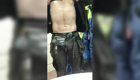Task to flash his uncut dick in workplace bathroom