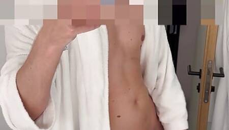 Playing with my big uncut cock in hotel bath robe