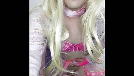 Crossdresser princess wearing pink plays with her dick and ass