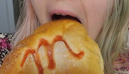 Adorable Girl Eating a Cream Cheese Filled Guava Bun