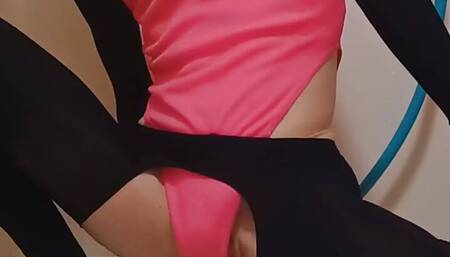 Sissy-Kuroko inserts long dildo into anal wearing pink leotard