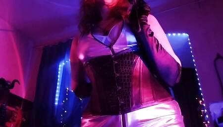 Dominatrix Eva Latex Fetish Mistress Femdom Pussylick Slave Mask Lick Panties BDSM Hot MILF Silver Dress Stockings