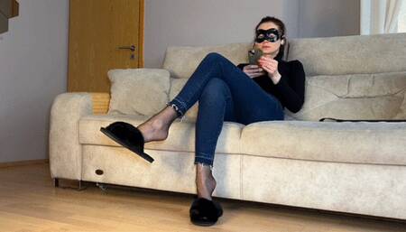 Foot Goddess Lora - Dangling my slippers with my nylon feet