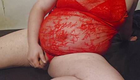 Chubby german guy jacking off in red lingerie