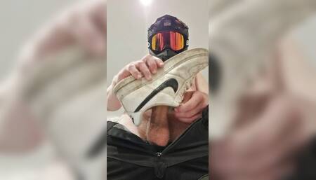 Gay boy jerks off in motorcycle clothes on sneakers