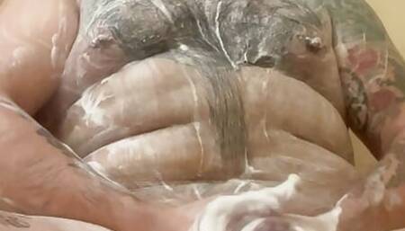 beefy hairy muscle bear cub pierced latin jackoff in shower