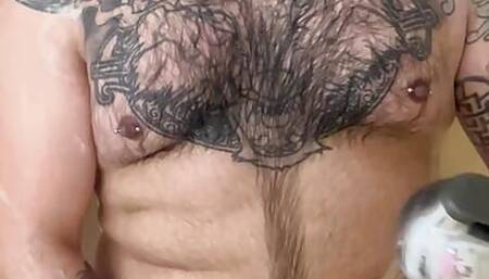 beefy hairy latin bear cub jacks off in shower