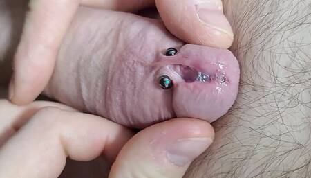 Pierced Cock with Meatotomy Closeup Cum Masturbation Ball Massage