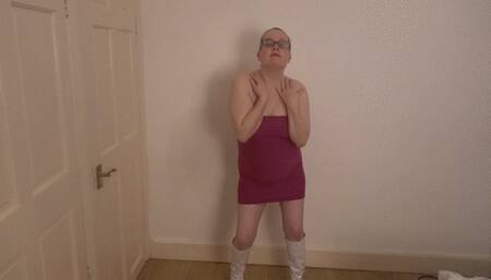 Dancing in pink dress and White PVC Knee Boots