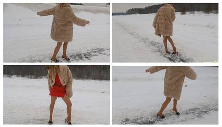 CUSTOM CLIP PREMIERE: Sexy Emily is slippering hard on the slippery icy road