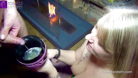 Submissive slut swallows cum, drool and piss soda!
