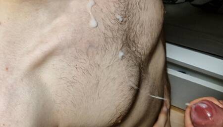 Tom cum on my hairy body on his knees