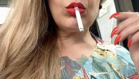 DUNHILL - How nice it is to impregnate a car with nicotine - Deep Inhales, Multiple pumps, Mouth Inhales and open mouth exhales, Dangling, Nose exhales, Red lipstick, long red nails, long hair